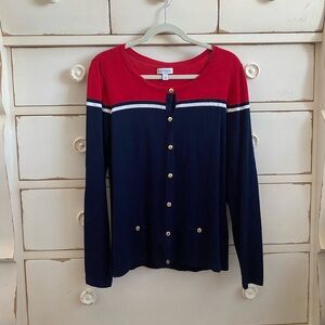 Kim Rogers Red and Navy Sweater with Gold Accent